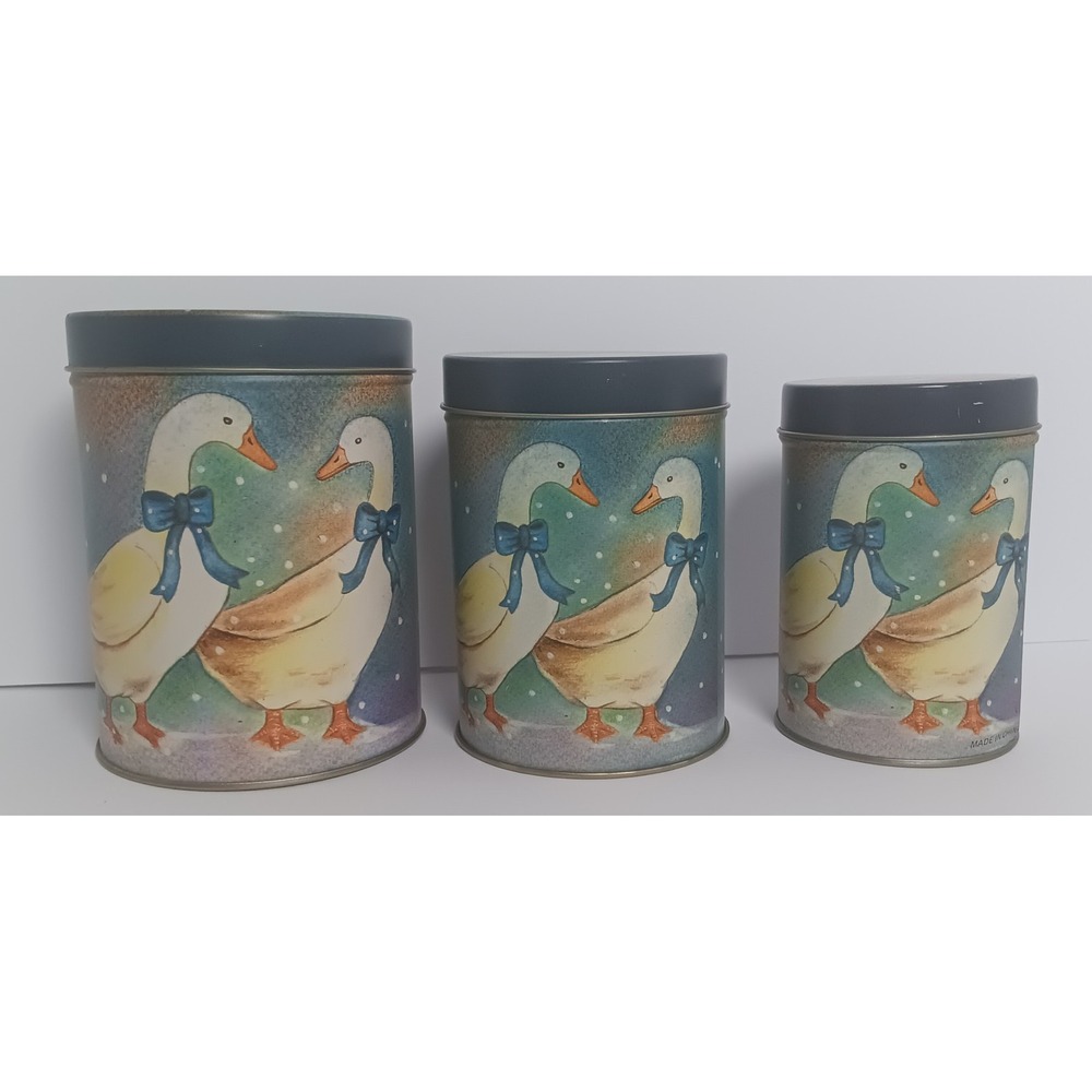 Vtg Country Goose Blue Bow 3 Nesting Round Metal Tins Goose Cottage Core Granny